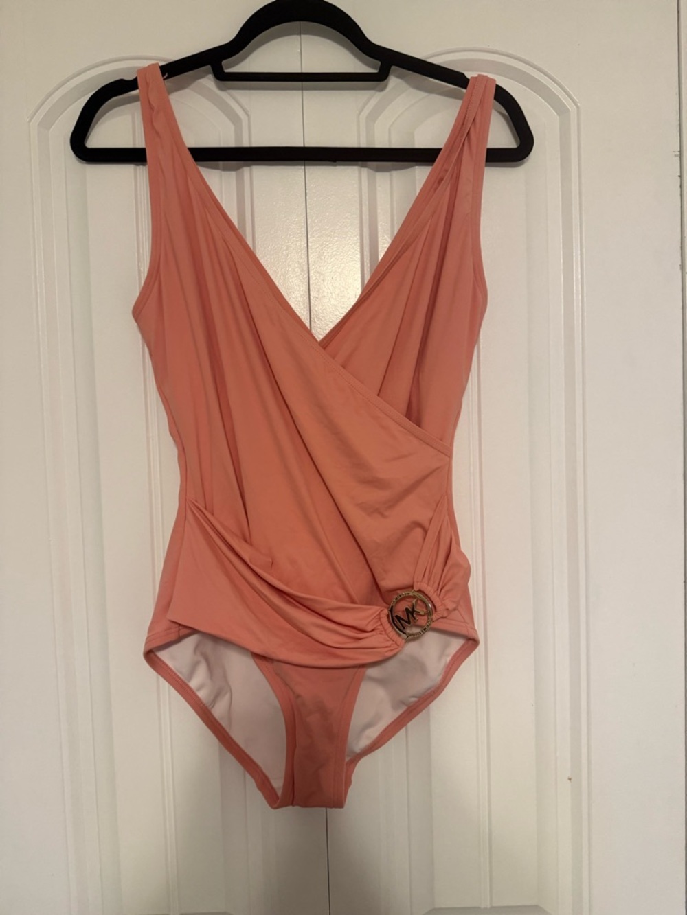 Michael Kors Surplice One-Piece Swimsuit with Logo Buckle - Peach/Coral